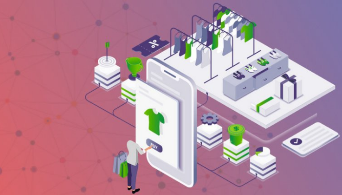 Illustrazione 3D di e-commerce su smartphone con abbigliamento, sconti e carrello acquisti